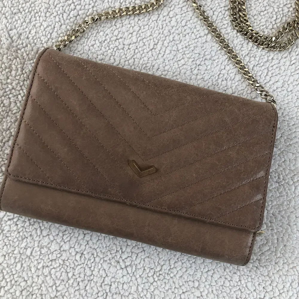 Botkier Soho quilted leather gold removable chain wallet mocha brown